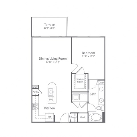 Floor plan for 1 bed, 1 bath, 808 sqft